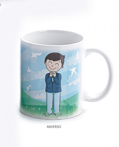 Taza de desayuno de un niño de comunión rezando con referencia DOP-1734 y un precio de 4,15 € de la sección detalles de comunión