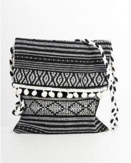 Bolso artesanal bandolera con solapa de borlas - Modelo en blanco y negro con referencia FAL- bolso alpujarra negro y un prec...