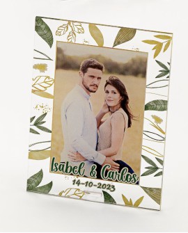 Portafotos de boda en metacrilato con dibujo de hojas y la foto impresa. con referencia DOP-7127 y un precio de 5,25 € de la ...