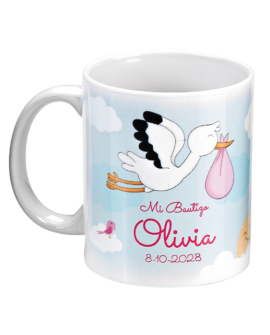 Taza de desayuno con bebé y cigüeña en rosa. con referencia DOP-1576 y un precio de 4,25 € de la sección detalles para bautizo