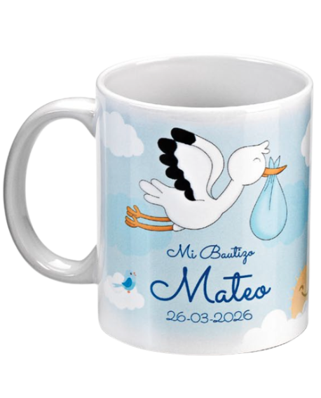 Taza personalizable con dibujo de bebe y cigüeña en azul para bautizo