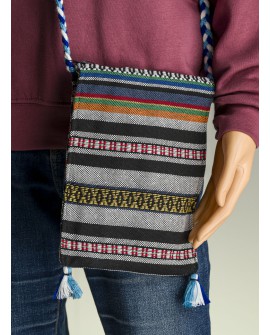 Bolso artesanal tipo alforja - Modelo en tonos azules - Doble bolsillo con flecos