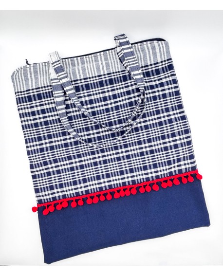 Shopping pañuelo fallera azul con borlas rojas